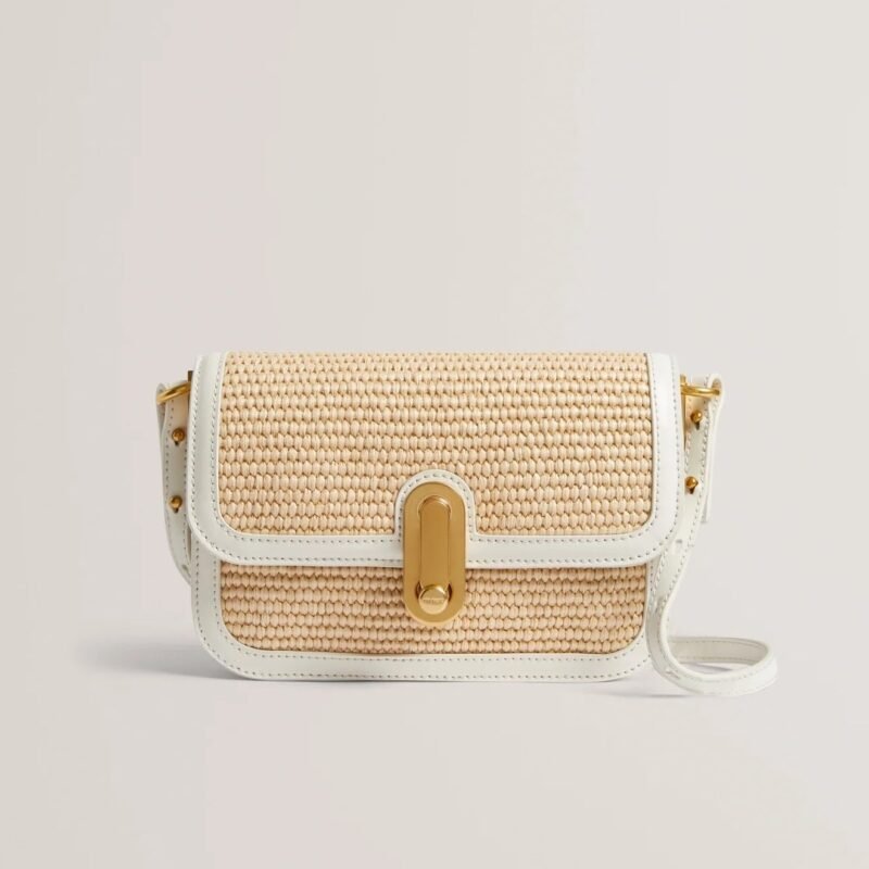 KKASSIE Twist Lock Detail Raffia Crossbody Bag