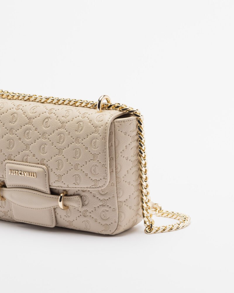 Shoulder bag with all-over logo and gold shoulder
