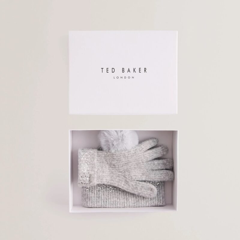 KERIIS Rhinestone Knitted Hat and Gloves Set