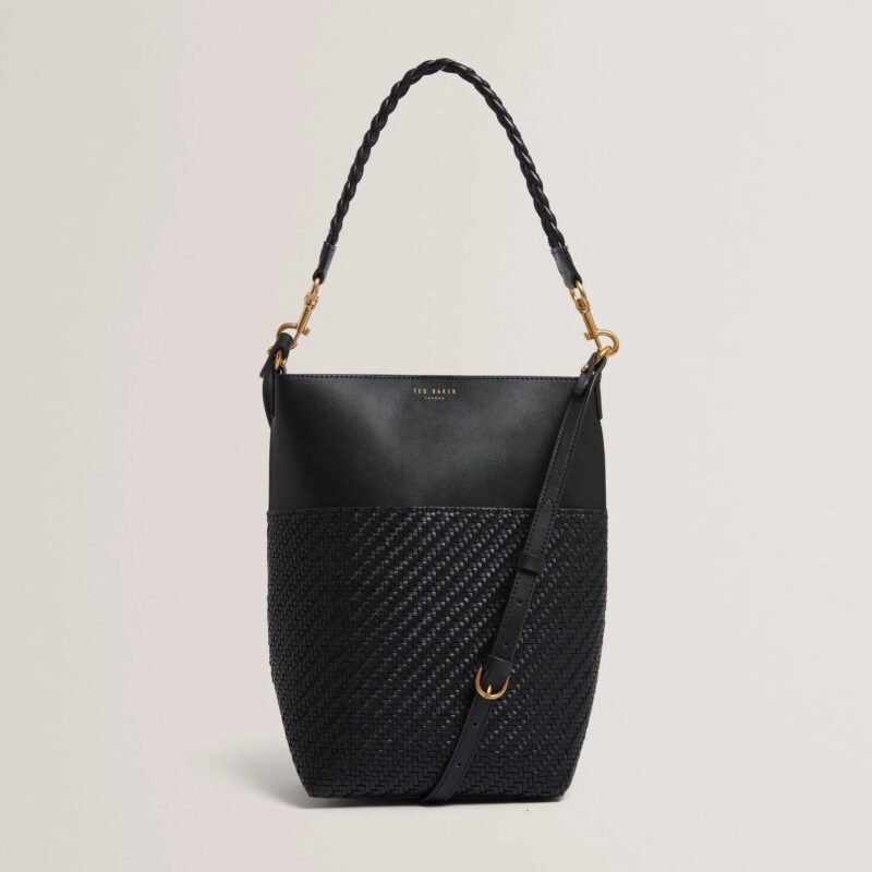 WYYNIE Elongated Woven Handle Leather Bucket Ba