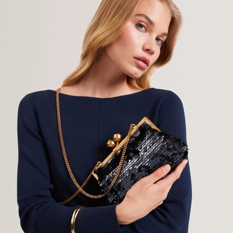 SEQUINZ Rose Detail Sequin Clutch Bag