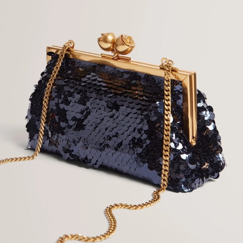 SEQUINZ Rose Detail Sequin Clutch Bag