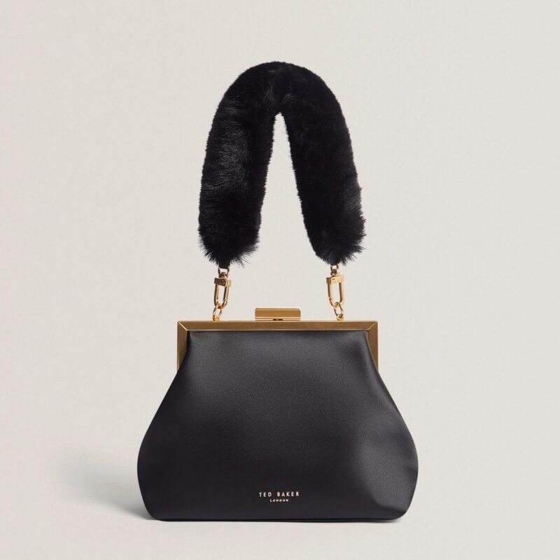 PURCEY Satin Fur Handle Clutch Bag