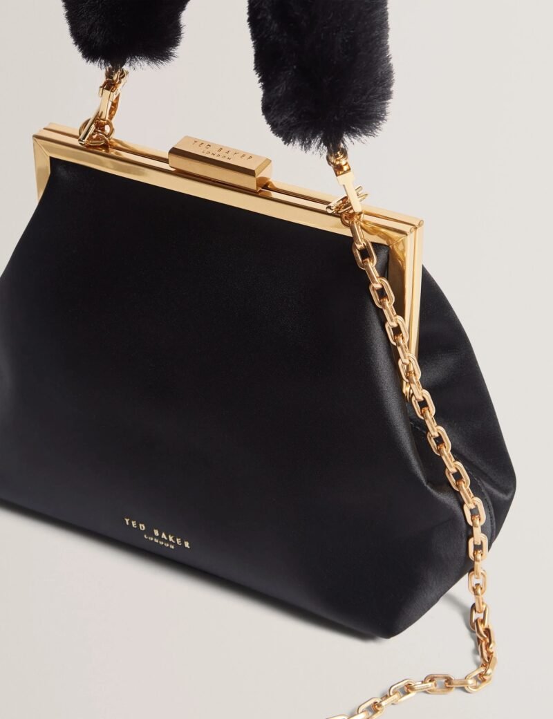 PURCEY Satin Fur Handle Clutch Bag