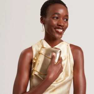 SYLVIII Rose Detail Leather Metallic Clutch Bag