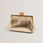 SYLVIII Rose Detail Leather Metallic Clutch Bag