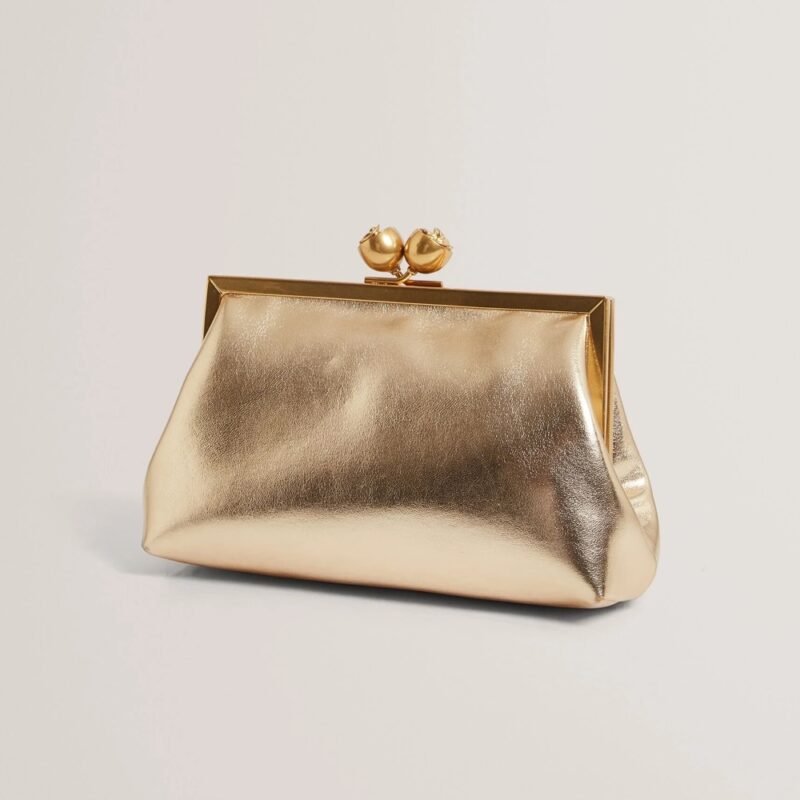 SYLVIII Rose Detail Leather Metallic Clutch Bag