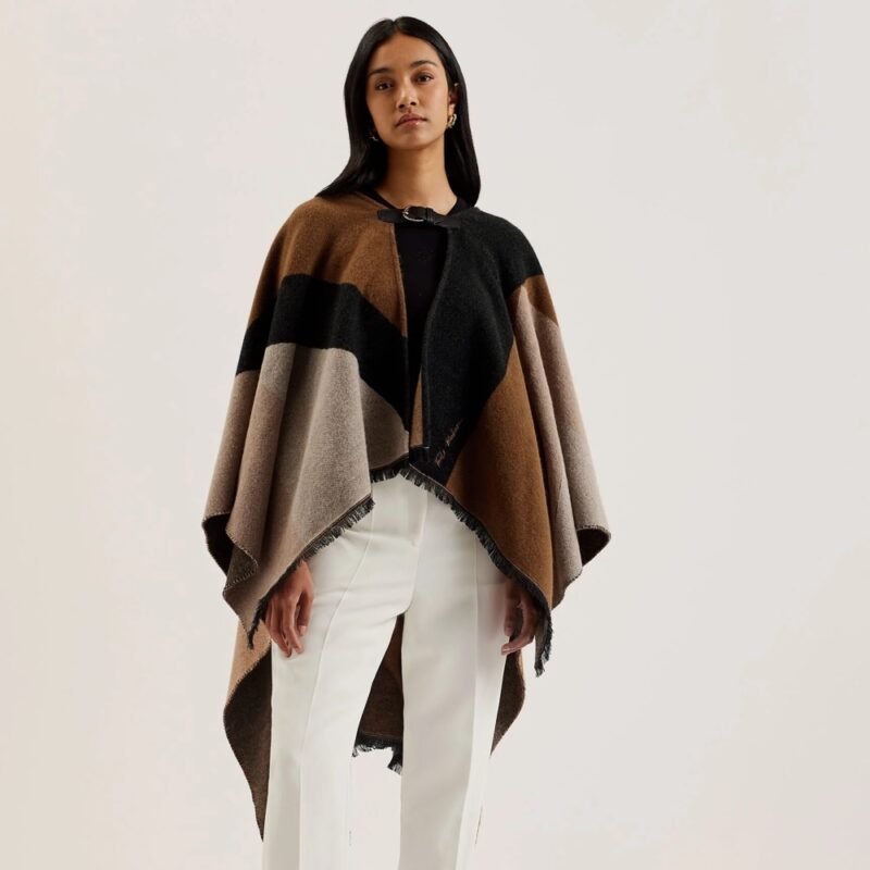 SUFFIA Colour Block Draped Buckle Poncho