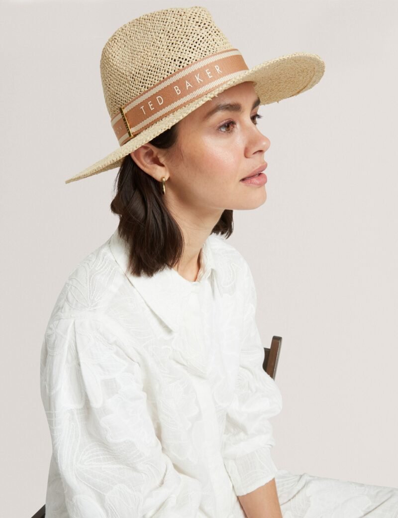 CLAIRIE Straw Webbing Trim Fedora Hat