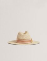 CLAIRIE Straw Webbing Trim Fedora Hat