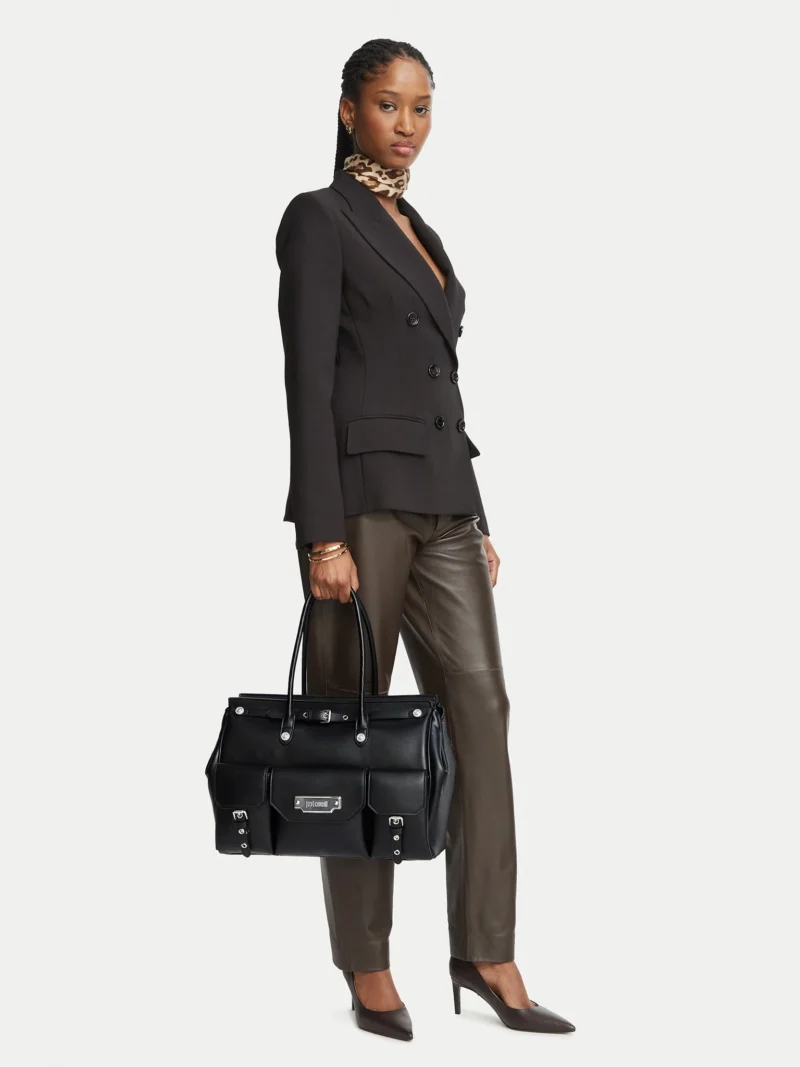 Large Satchel Tote with front pockets & silver buckles
