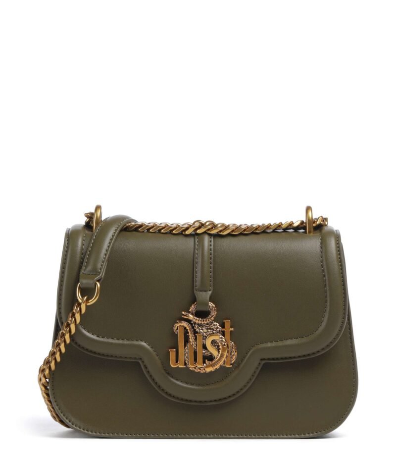 Shoulder Bag - Flap Crossbody with Gold Snake Logo & Chain Strap