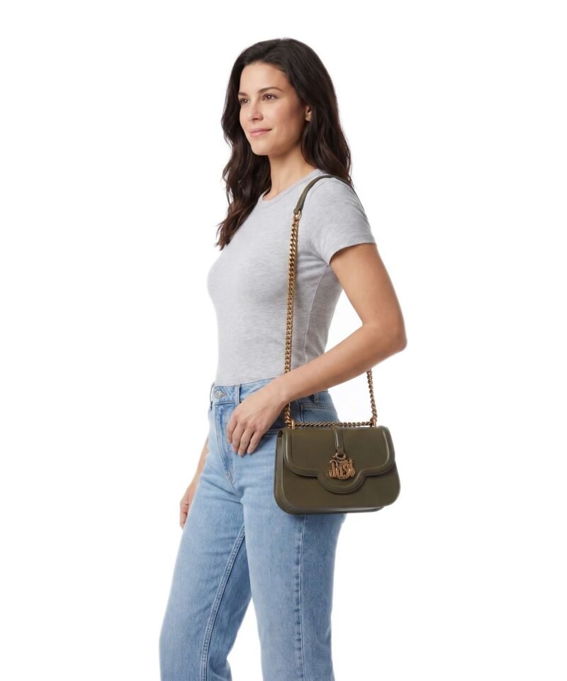 Shoulder Bag - Flap Crossbody with Gold Snake Logo & Chain Strap