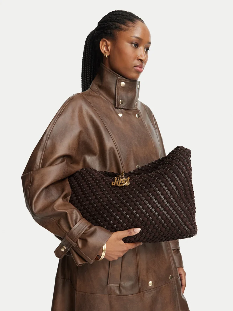 Woven Hobo Bag Large Shoulder Bag with Gold Snake Charm